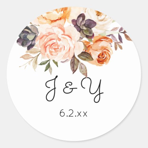 Blush  Peach Floral Rustic Monogram Classic Round Sticker