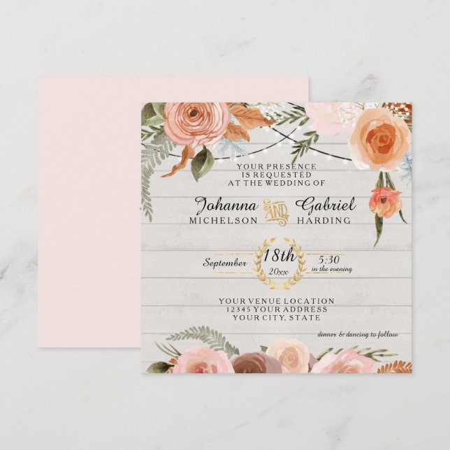 Blush Peach Floral Rustic White Wood Leaf Foliage Invitation (Front/Back)