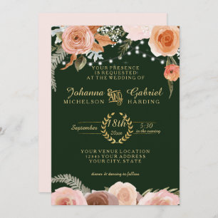 Blush Peach Floral Twinkle Foliage Forest Green Invitation