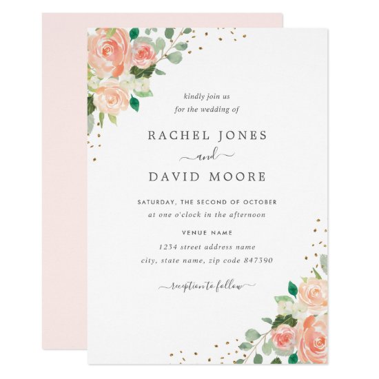 Blush Peach Floral Watercolor Confetti Wedding Invitation