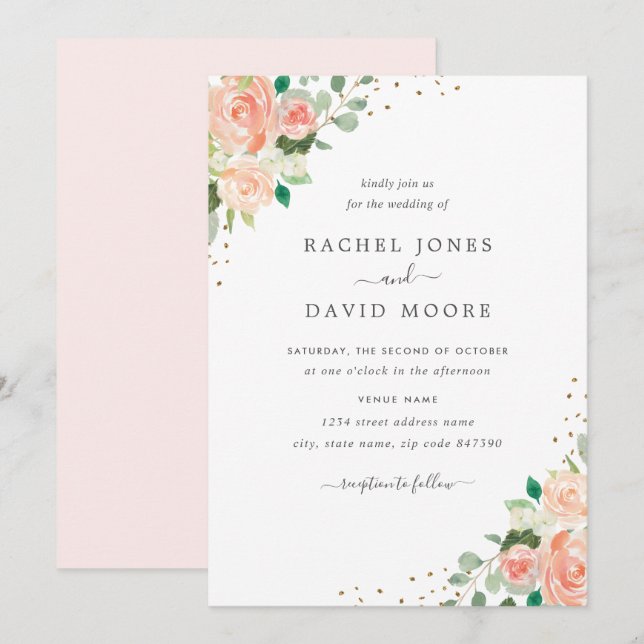Blush Peach Floral Watercolor Confetti Wedding Invitation (Front/Back)