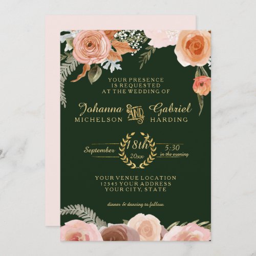 Blush Peach Floral Watercolor Foliage Forest Green Invitation