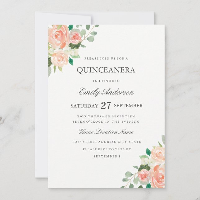 Blush Peach Floral Watercolor Quinceanera Invite (Front)