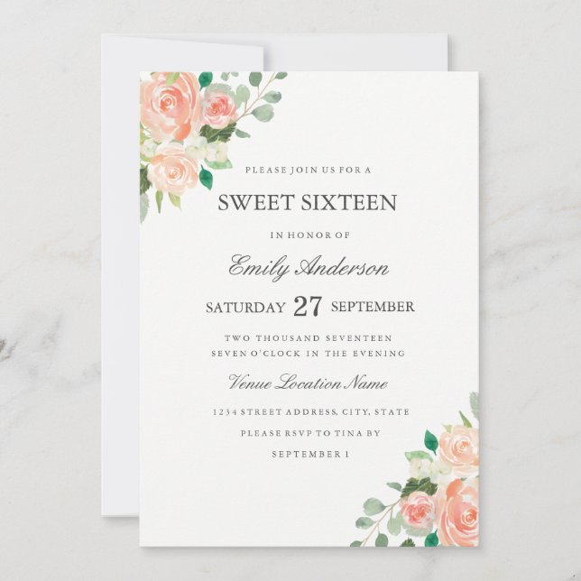 Blush Peach Floral Watercolor Sweet Sixteen Invite (Front)