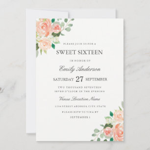Blush Peach Floral Watercolor Sweet Sixteen Invite