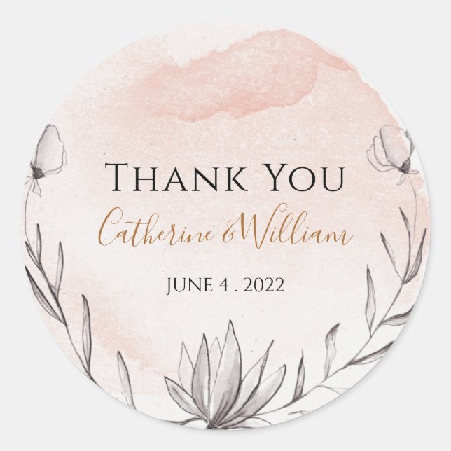 Blush Peach Floral Wedding Thank You Classic Round Sticker (Front)