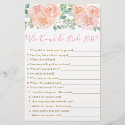 Blush  Peach Floral Who Knows The Bride Best Game