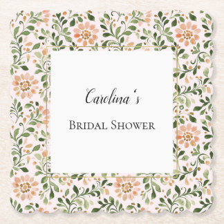 Blush Peach Flowers Green Leaves Bridal Shower   Paper Coaster
