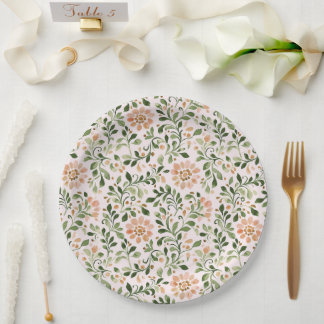 Blush Peach Flowers Green Leaves Bridal Shower Paper Plates