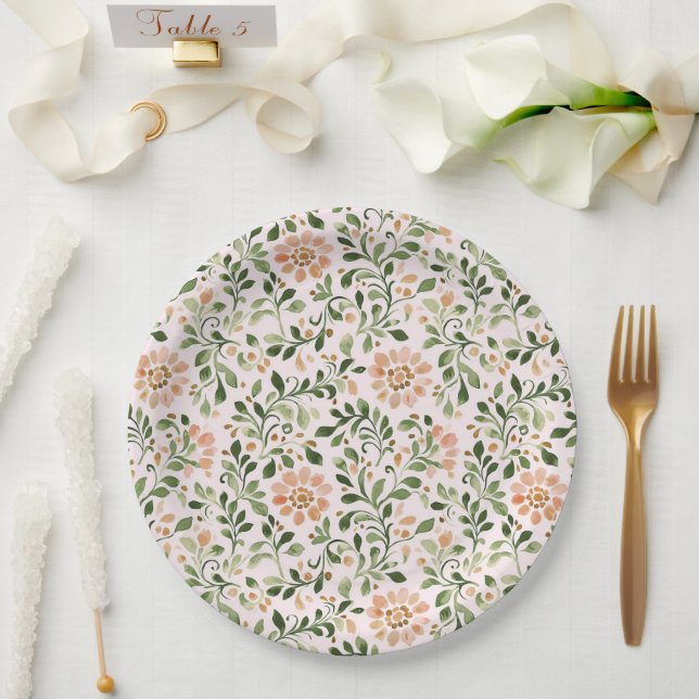 Blush Peach Flowers Green Leaves Bridal Shower Paper Plates (Wedding)