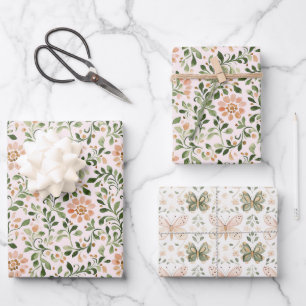 Blush Peach Flowers Green Leaves Bridal Shower Wrapping Paper Sheets