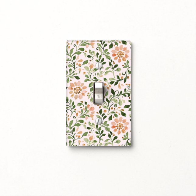 Blush Peach Flowers Green Leaves Light Switch Cover (In Situ)