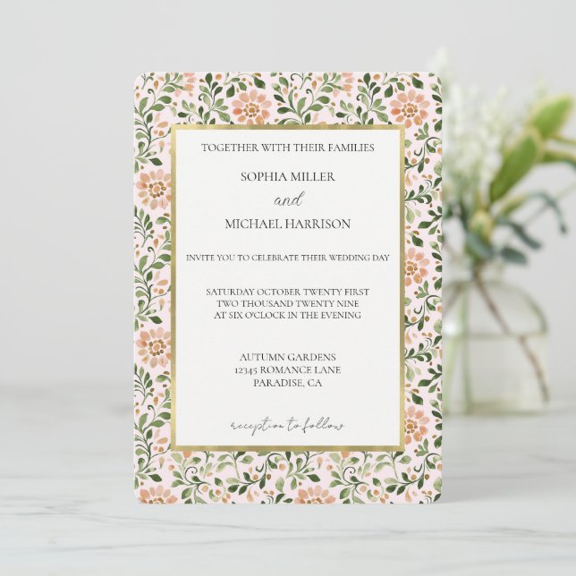 Blush Peach Flowers Green Leaves Wedding Invitation (Standing Front)