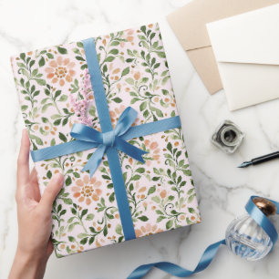 Blush Peach Flowers Green Leaves Wrapping Paper