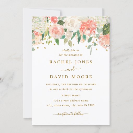 Blush Peach Gold Rustic Floral Wedding Invitation | Zazzle