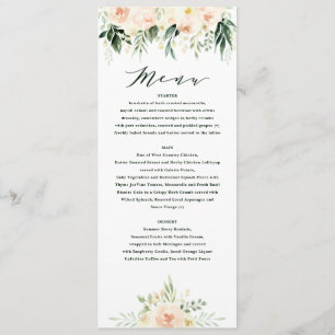 Blush peach green floral + foliage wedding menu