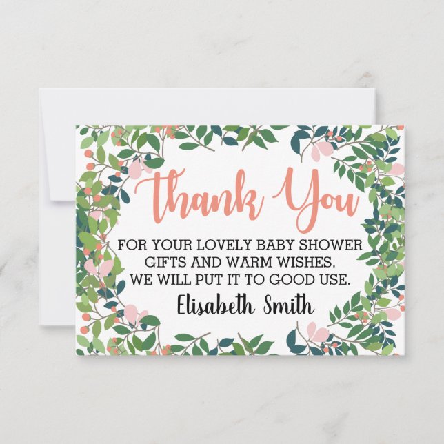 Blush Peach Greenery Trendy Baby Shower Thank You Card (Front)