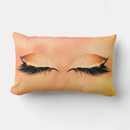 Blush Peach Lashes Black Glass Glitter Gold Makeup Lumbar Pillow