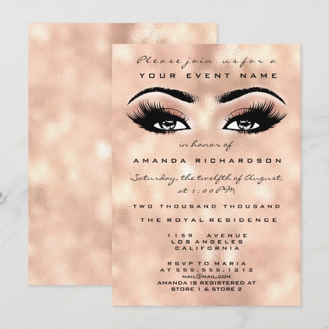 Blush Peach Makeup Glitter Eyes 16th Bridal Damask Invitation (Front/Back)