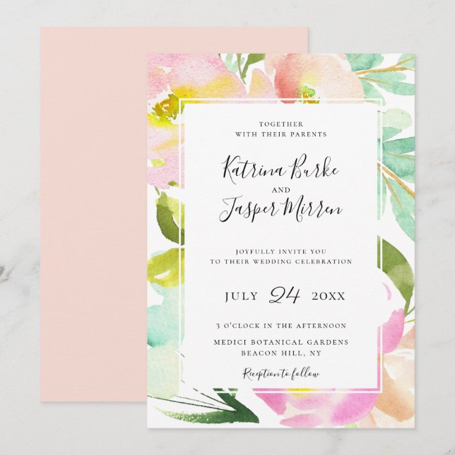 Blush Peach Mint Botanical Floral Wedding Invitation (Front/Back)