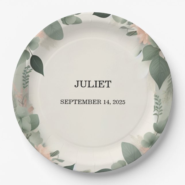 Blush Peach Mint Moss Sage Green Bridal Shower Paper Plates (Front)