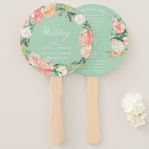 Blush Peach Mint Watercolor Floral Welcome Wedding Hand Fan