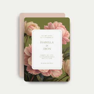 Blush Peach   Olive Green Vintage Rose Wedding  Invitation