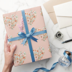 Blush Peach Orange Floral Hearts Birthday Wrapping Paper