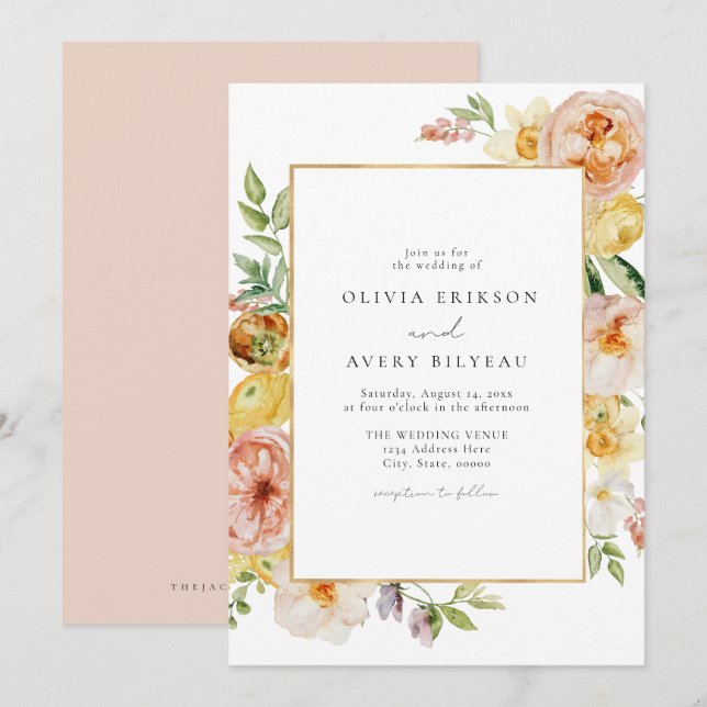 Blush & Peach Pastel Floral Garden Wedding Invitation (Front/Back)