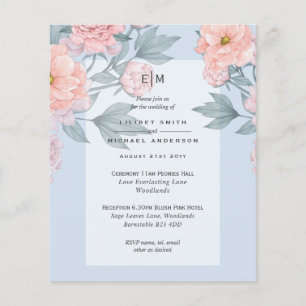 Blush Peach PEONIES Blue Wedding Invite Reception Flyer