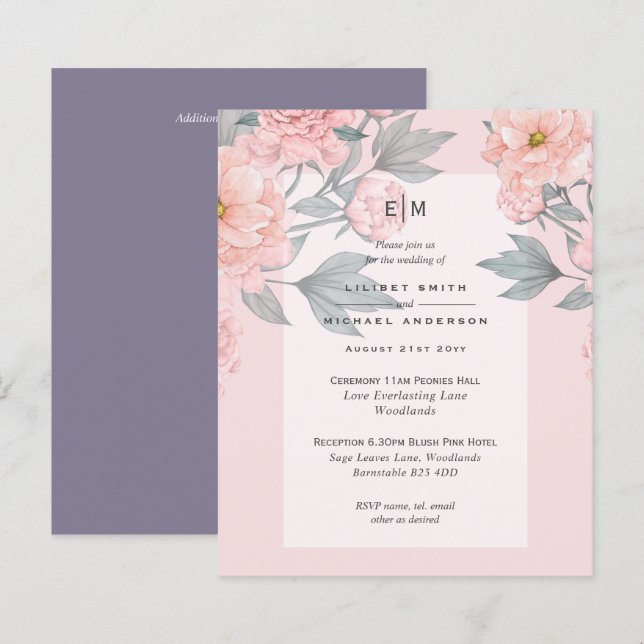 Blush Peach PEONIES Lilac Wedding Invite BUDGET (Front/Back)