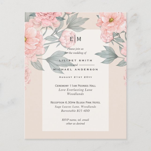 Blush Peach PEONIES Lilac Wedding Invite BUDGET Flyer (Front)