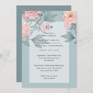 Blush Peach PEONIES Sage Wedding Invite Reception