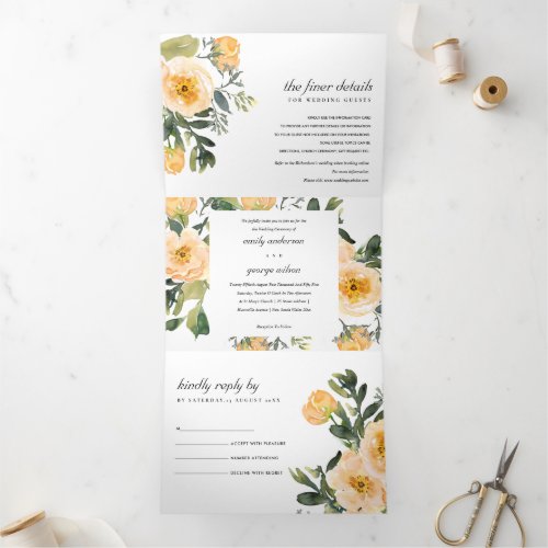 BLUSH PEACH PEONY FLORAL WATERCOLOR WEDDING Tri_Fold INVITATION