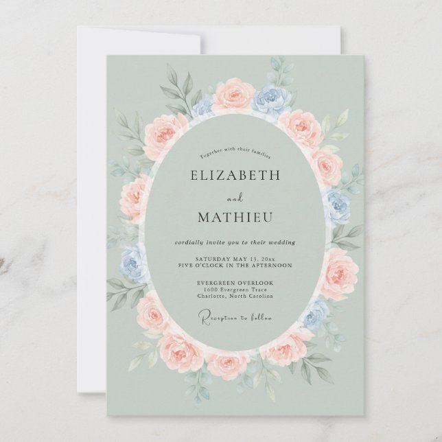 Blush Peach Periwinkle Wreath Wedding Invitation (Front)