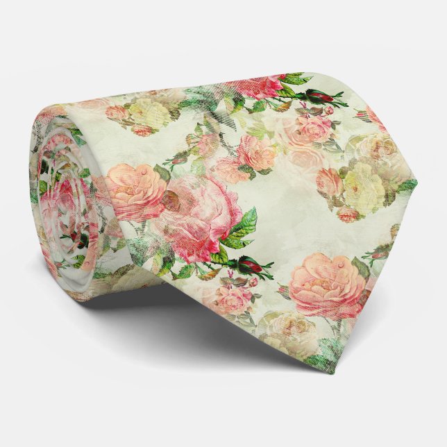 Blush Peach Pink Antique Floral Roses Art Pattern Neck Tie (Rolled)