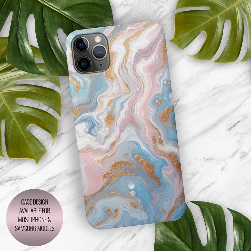 Blush Peach Pink Blue White Gold Marble Pattern iPhone 15 Pro Max Case