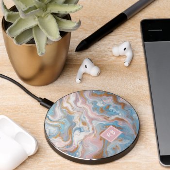 Blush Peach Pink Blue White Gold Marble Pattern Wireless Charger by CaseConceptCreations at Zazzle
