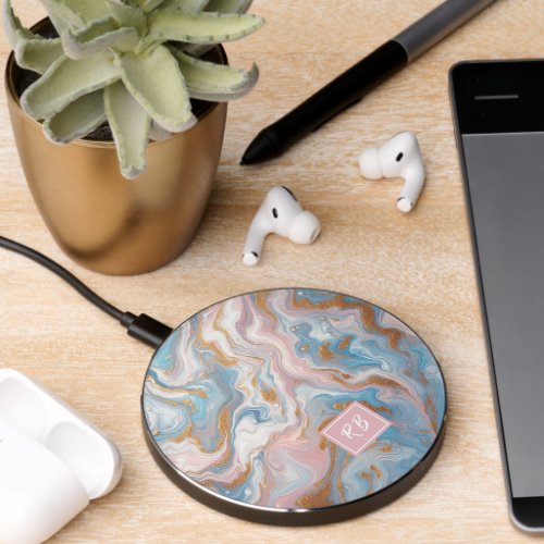 Blush Peach Pink Blue White Gold Marble Pattern Wireless Charger