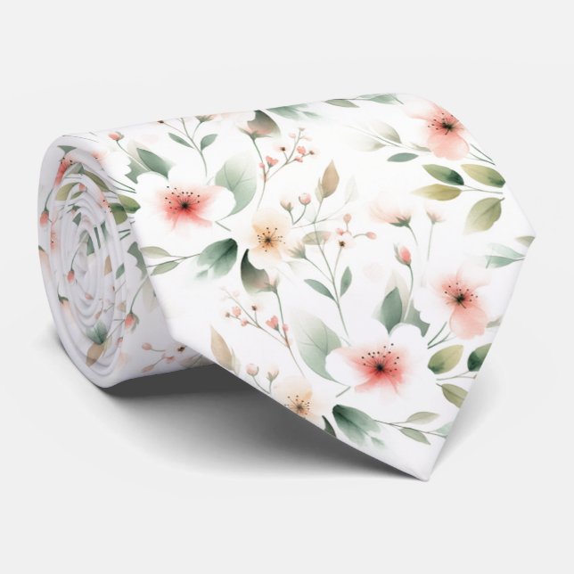 Blush Peach Pink Floral Sage Green Leaves Pattern Neck Tie (Rolled)