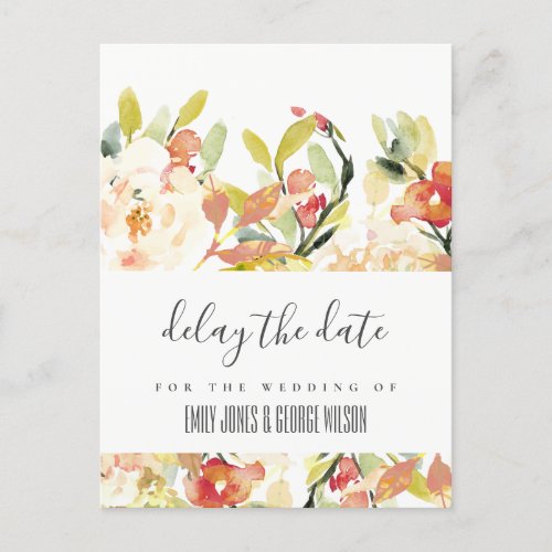 BLUSH PEACH PINK FLORAL WEDDING DELAY THE DATE ANNOUNCEMENT POSTCARD