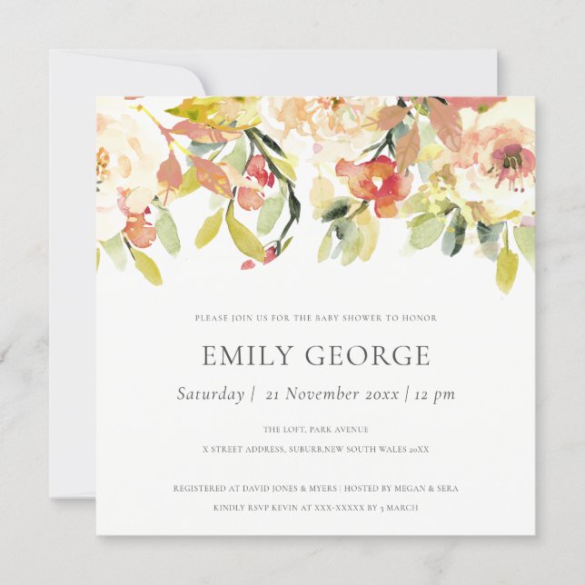 BLUSH PEACH PINK WATERCOLOR FLORAL BABY SHOWER INVITATION (Front)