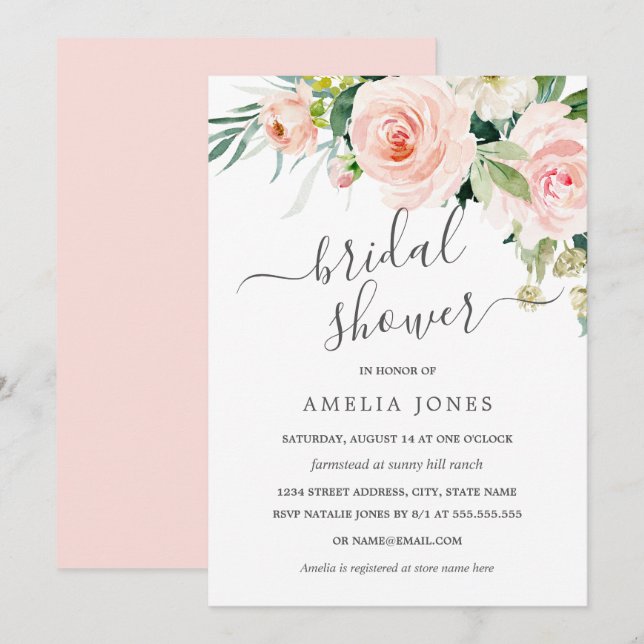 Blush Peach Pink Watercolor Floral Bridal Shower Invitation (Front/Back)