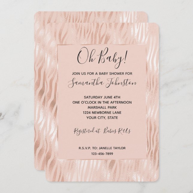 Blush Peach Pink Zebra Baby Shower Invitation (Front/Back)