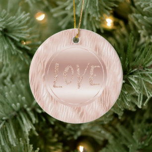 Blush Peach Pink Zebra print Glitter Love   Ceramic Ornament