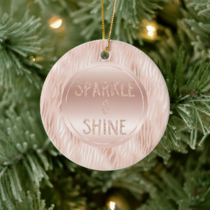 Blush Peach Pink Zebra print Glitter Sparkle Ceramic Ornament