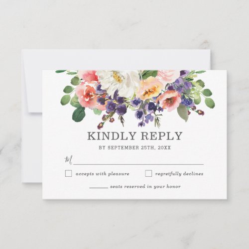 Blush Peach Purple White Floral Greenery Wedding RSVP Card