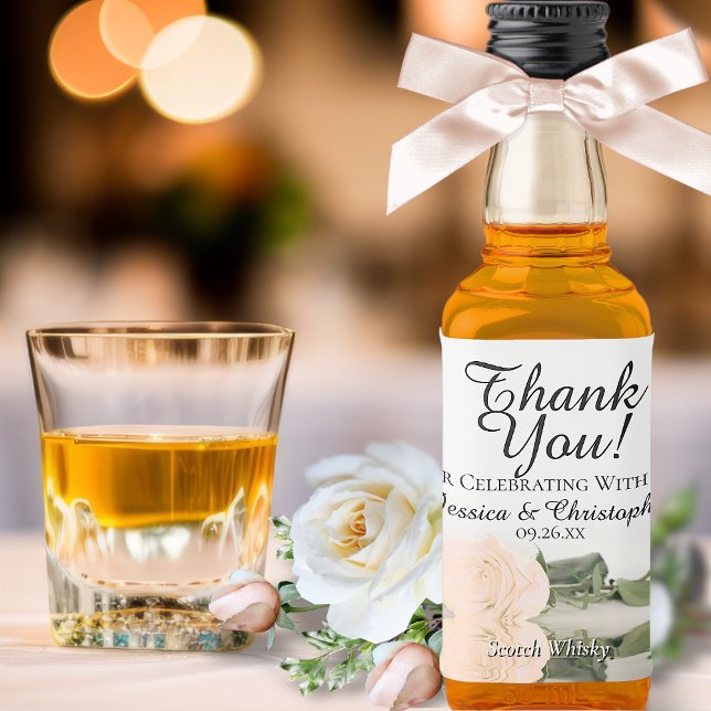 Blush Peach Reflecting Rose Wedding Thank You Mini Liquor Bottle Label (In Situ with Flowers & Glass)