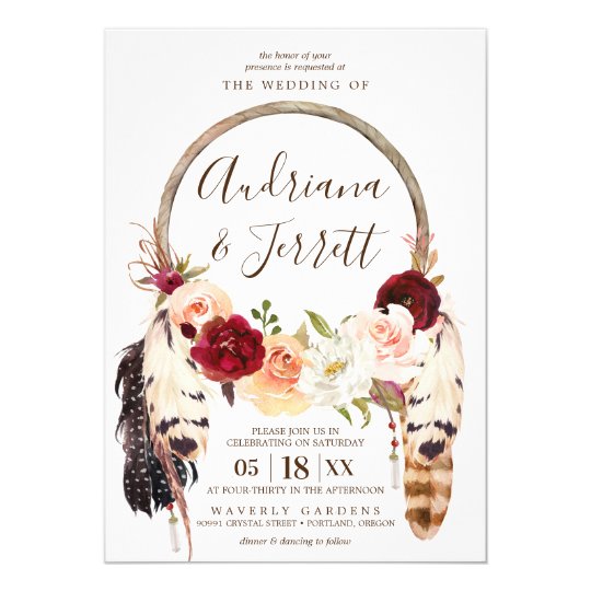 Blush & Peach Rose Boho Dreamcatcher Wedding Invitation