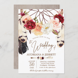 Blush & Peach Rose Dreamcatcher Boho Wedding Invitation